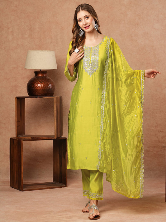 Solid Zari & Sequins Embroidered Kurta with Pants & Dupatta - Lime Yellow