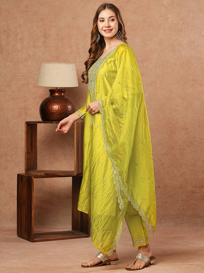 Solid Zari & Sequins Embroidered Kurta with Pants & Dupatta - Lime Yellow