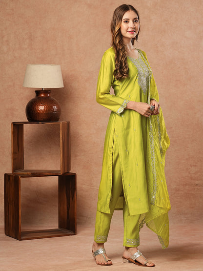 Solid Zari & Sequins Embroidered Kurta with Pants & Dupatta - Lime Yellow