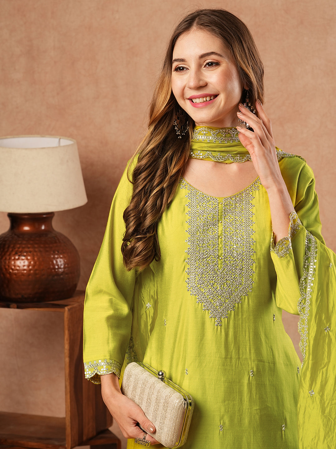 Solid Zari & Sequins Embroidered Kurta with Pants & Dupatta - Lime Yellow