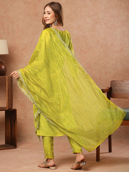 Solid Zari & Sequins Embroidered Kurta with Pants & Dupatta - Lime Yellow