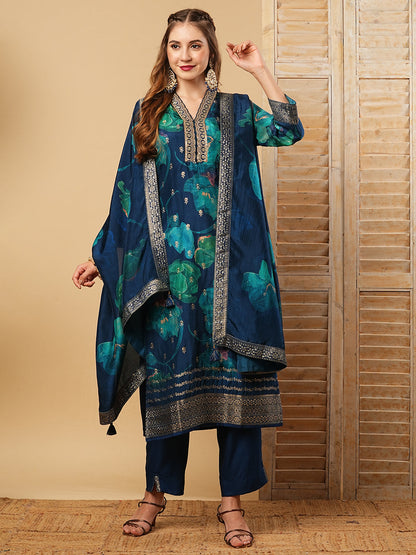 Ethnic Zari Embroidered Straight Kurta with Pant & Floral Printed Dupatta - Blue