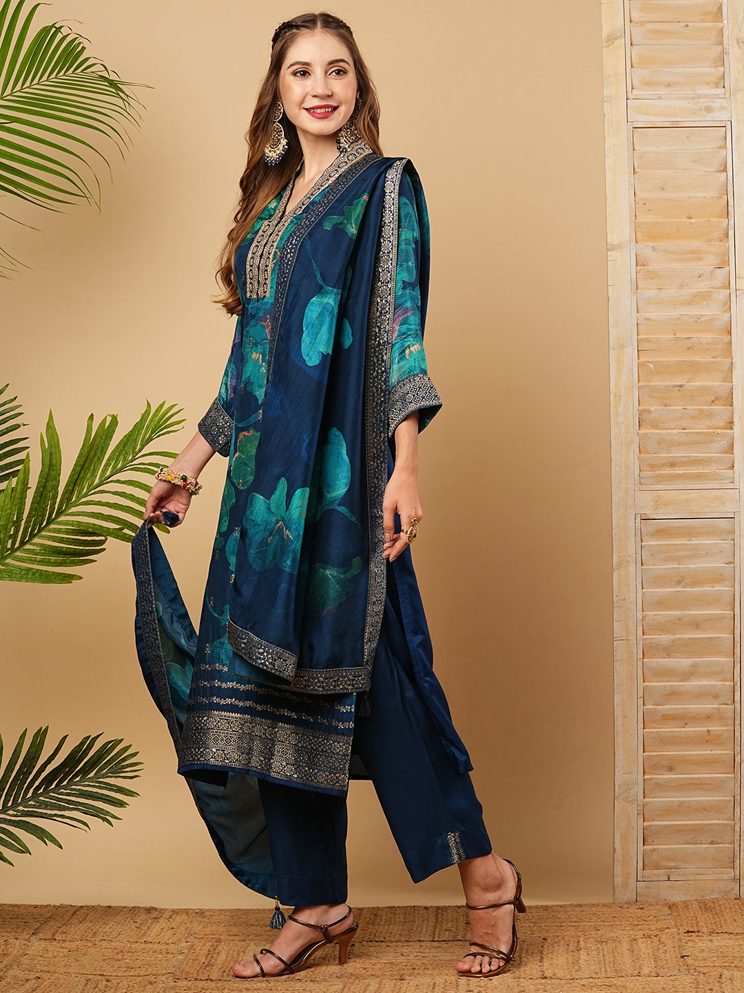 Ethnic Zari Embroidered Straight Kurta with Pant & Floral Printed Dupatta - Blue