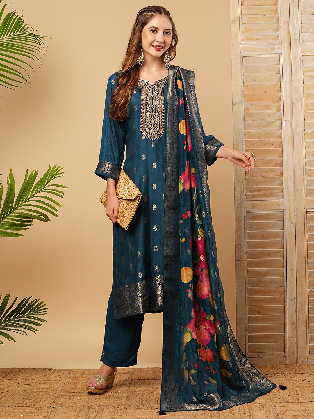 Zari Jacquard Design Zari & Sequins Embroidered Kurta with Pants & Dupatta - Blue