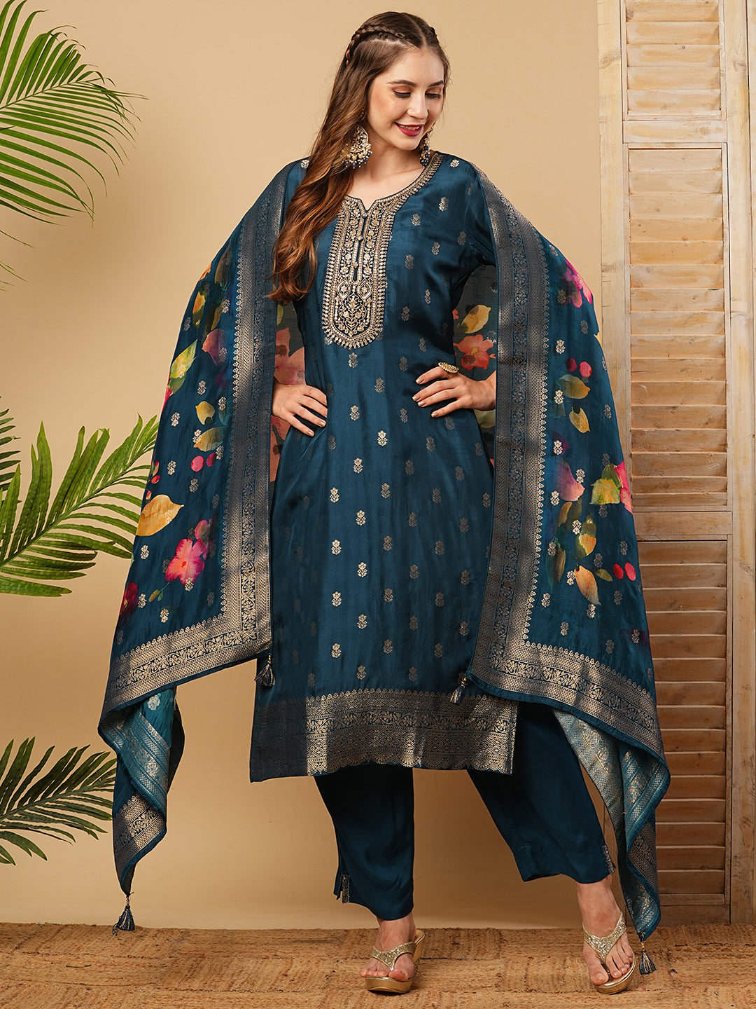 Zari Jacquard Design Zari & Sequins Embroidered Kurta with Pants & Dupatta - Blue