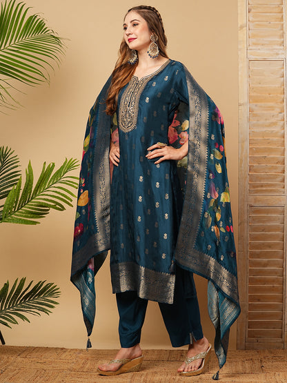 Zari Jacquard Design Zari & Sequins Embroidered Kurta with Pants & Dupatta - Blue