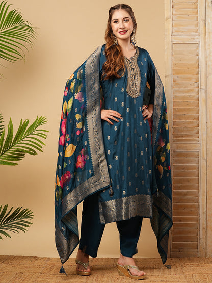 Zari Jacquard Design Zari & Sequins Embroidered Kurta with Pants & Dupatta - Blue