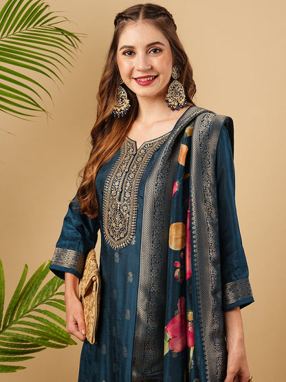 Zari Jacquard Design Zari & Sequins Embroidered Kurta with Pants & Dupatta - Blue