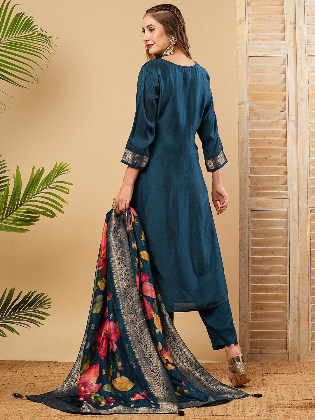 Zari Jacquard Design Zari & Sequins Embroidered Kurta with Pants & Dupatta - Blue