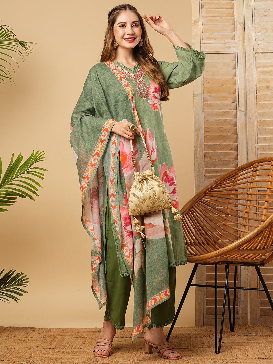 Floral Printed Mirror, Zari & Resham Embroidered Kurta with Pants & Dupatta - Green