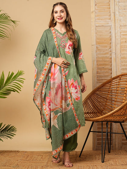 Floral Printed Mirror, Zari & Resham Embroidered Kurta with Pants & Dupatta - Green