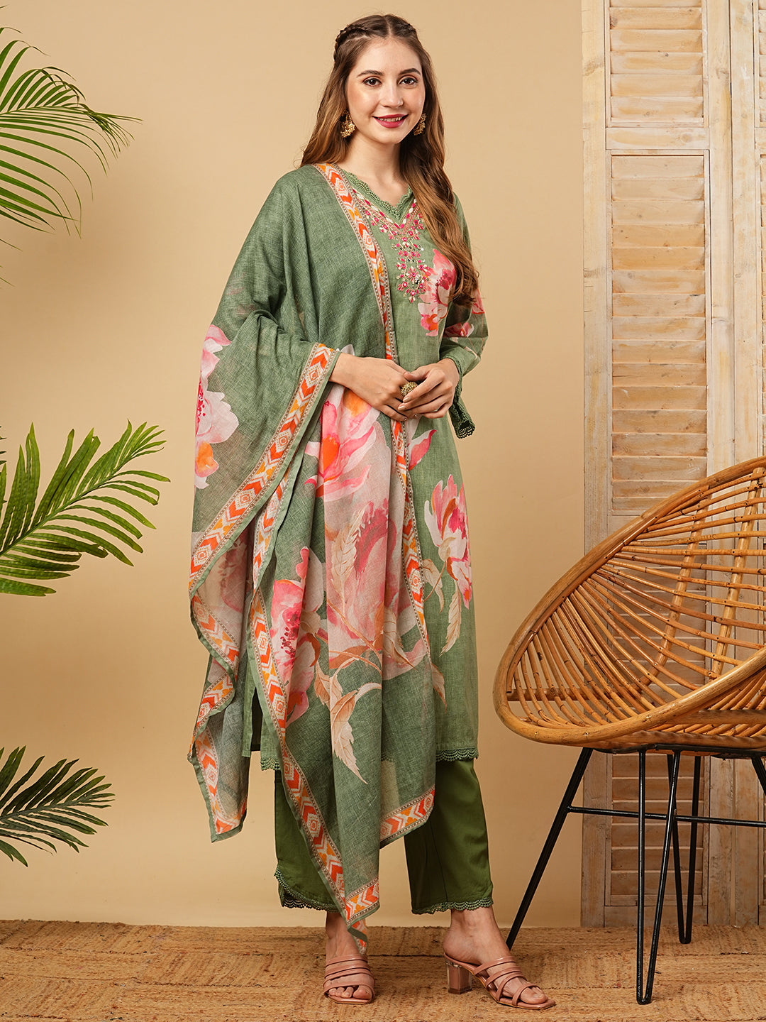 Floral Printed Mirror, Zari & Resham Embroidered Kurta with Pants & Dupatta - Green