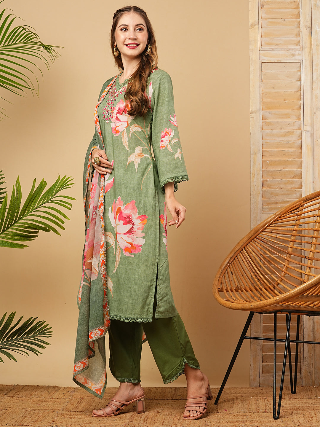 Floral Printed Mirror, Zari & Resham Embroidered Kurta with Pants & Dupatta - Green