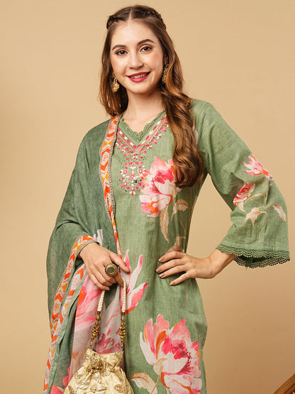 Floral Printed Mirror, Zari & Resham Embroidered Kurta with Pants & Dupatta - Green