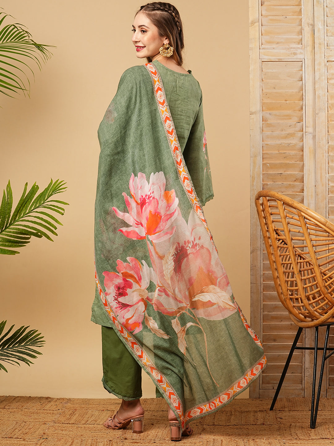 Floral Printed Mirror, Zari & Resham Embroidered Kurta with Pants & Dupatta - Green