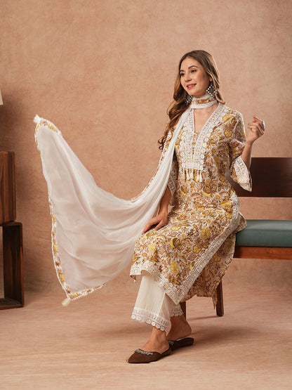 Floral Printed Straight Fit Kurta with Palazzo & Dupatta - White