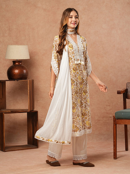 Floral Printed Straight Fit Kurta with Palazzo & Dupatta - White