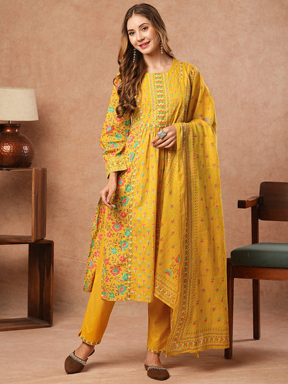 Floral Printed Sequins & Beads Embellished Pleated kurta with Pants & Dupatta - Yellow