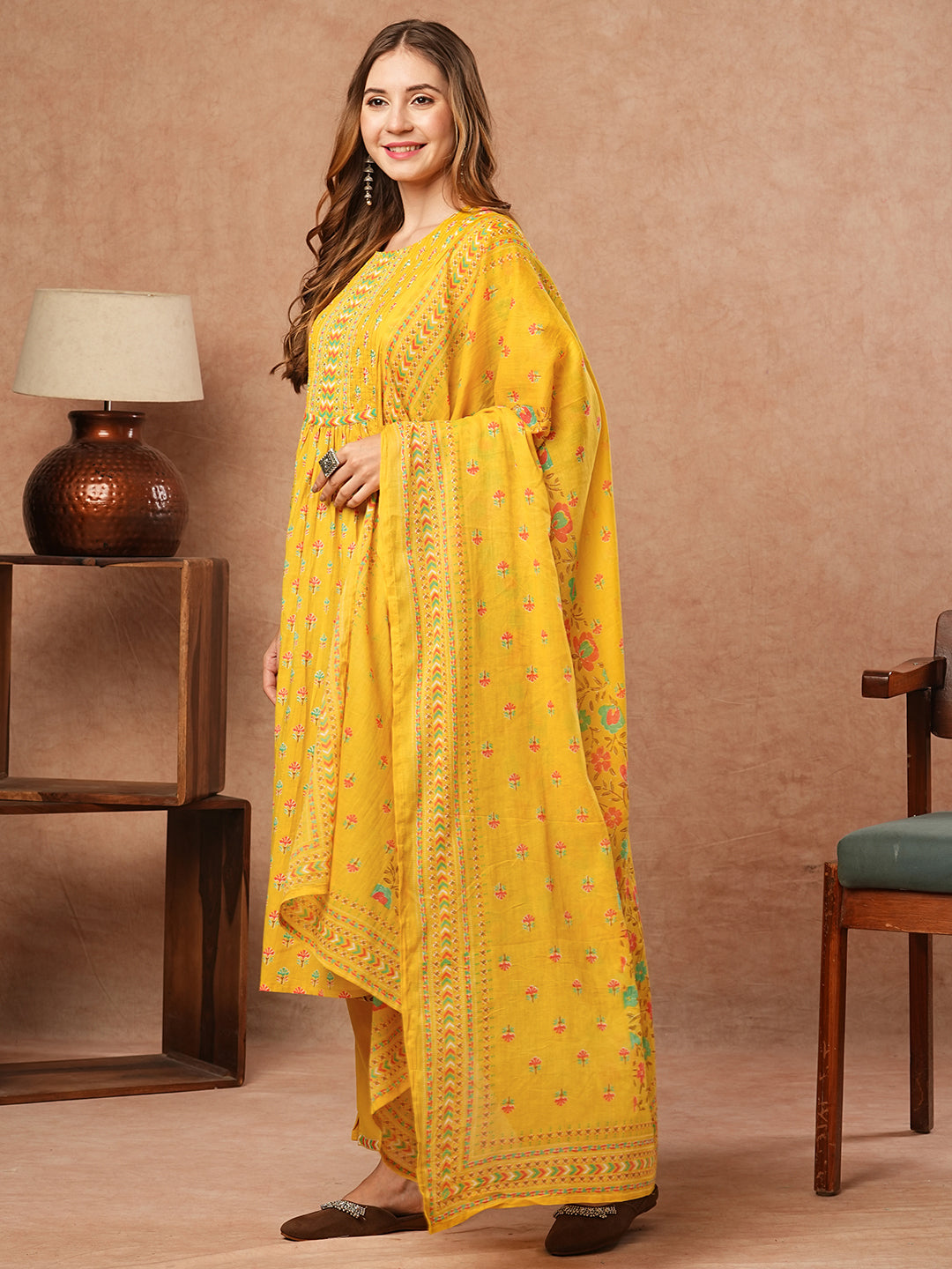 Floral Printed Sequins & Beads Embellished Pleated kurta with Pants & Dupatta - Yellow