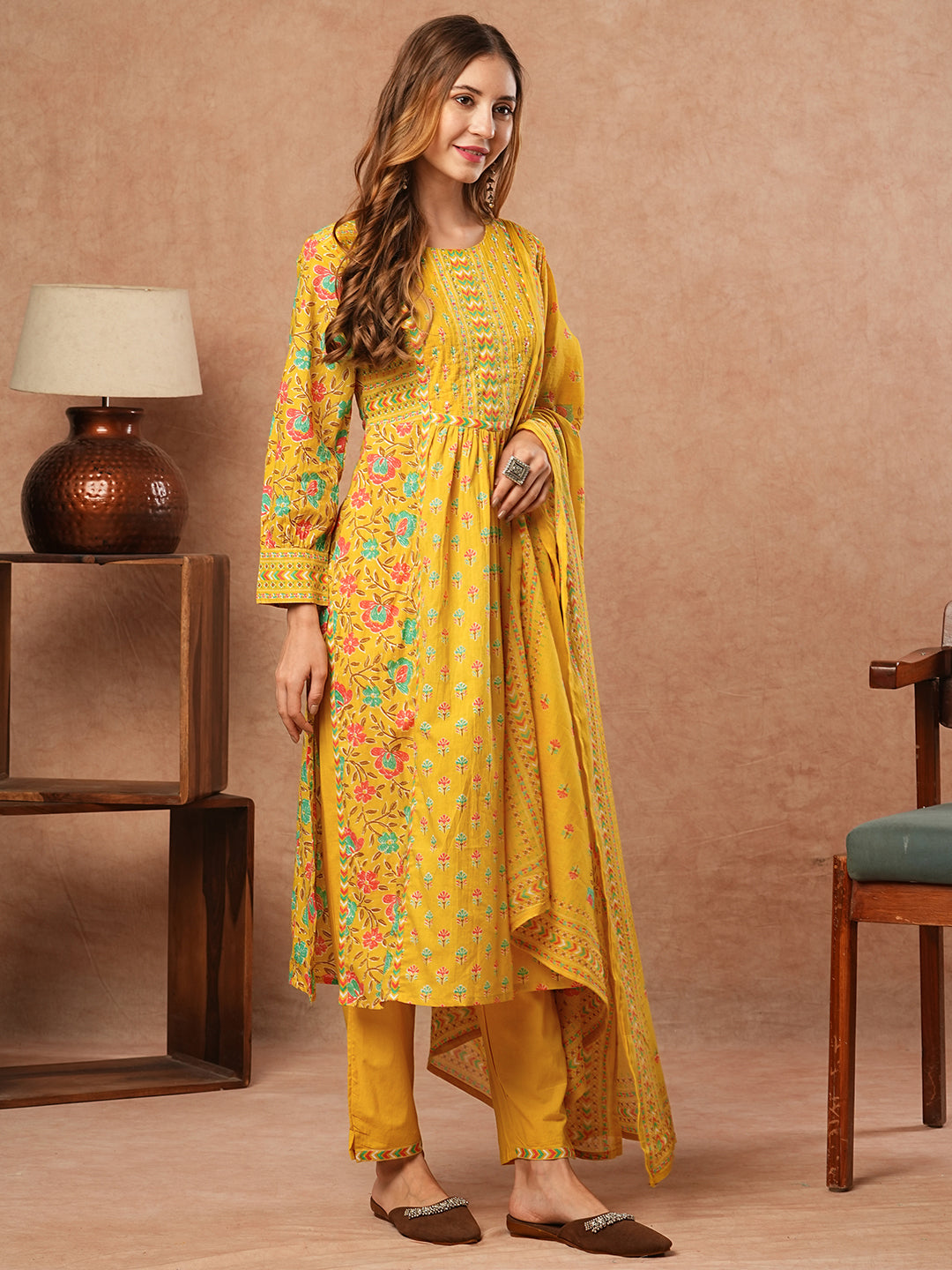 Floral Printed Sequins & Beads Embellished Pleated kurta with Pants & Dupatta - Yellow