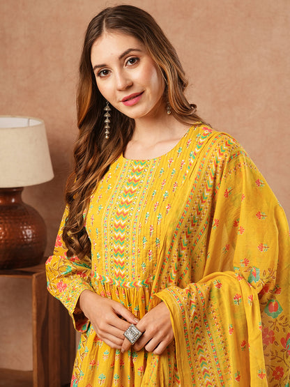 Floral Printed Sequins & Beads Embellished Pleated kurta with Pants & Dupatta - Yellow