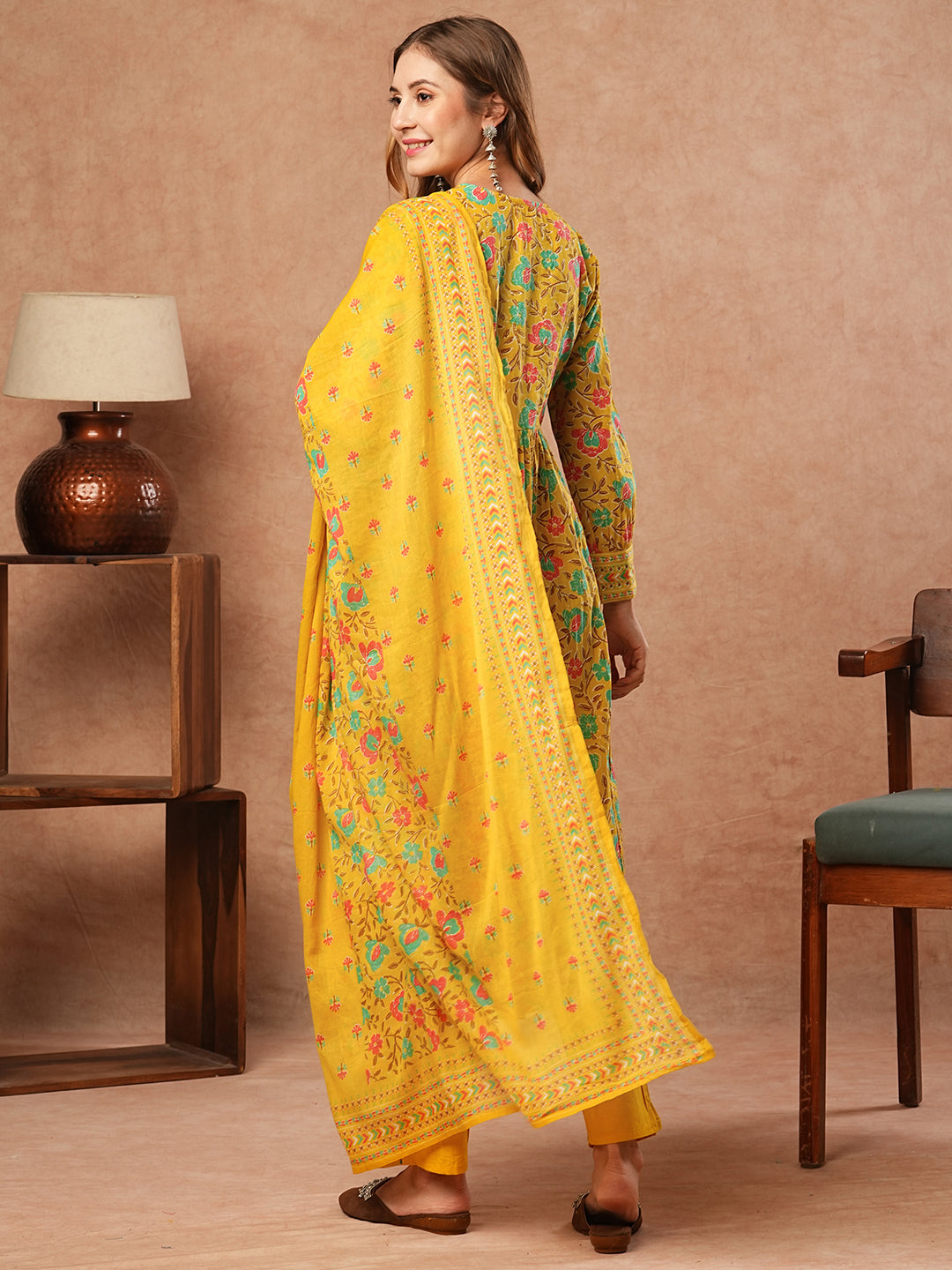 Floral Printed Sequins & Beads Embellished Pleated kurta with Pants & Dupatta - Yellow