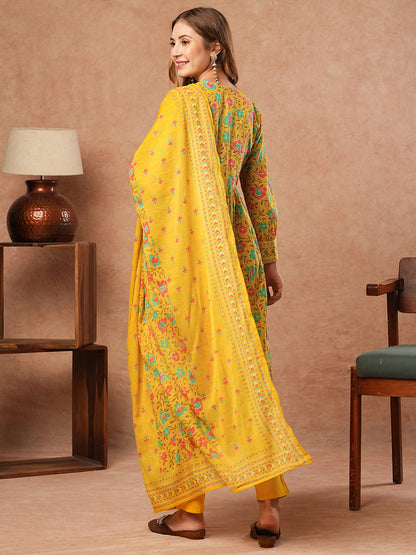 Floral Printed Sequins & Beads Embellished Pleated kurta with Pants & Dupatta - Yellow