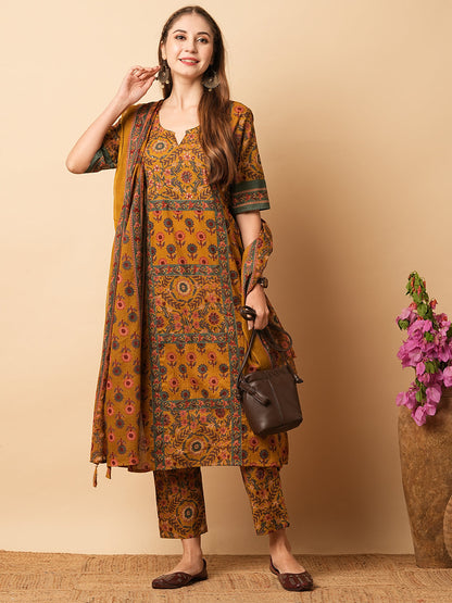 Floral Printed sequins Embellished A-line Kurta with Pants & Dupatta - Mustard