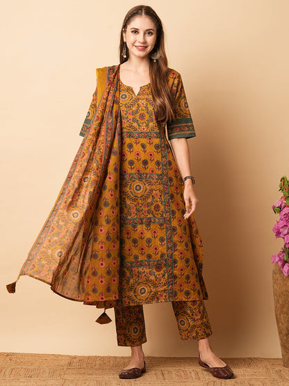 Floral Printed sequins Embellished A-line Kurta with Pants & Dupatta - Mustard