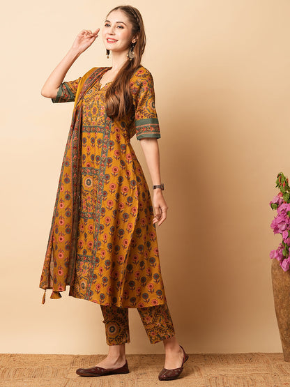 Floral Printed sequins Embellished A-line Kurta with Pants & Dupatta - Mustard