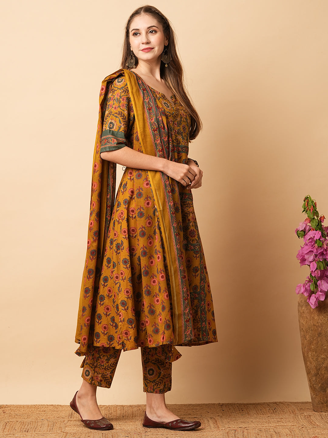 Floral Printed sequins Embellished A-line Kurta with Pants & Dupatta - Mustard