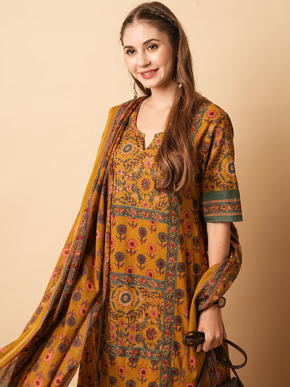 Floral Printed sequins Embellished A-line Kurta with Pants & Dupatta - Mustard