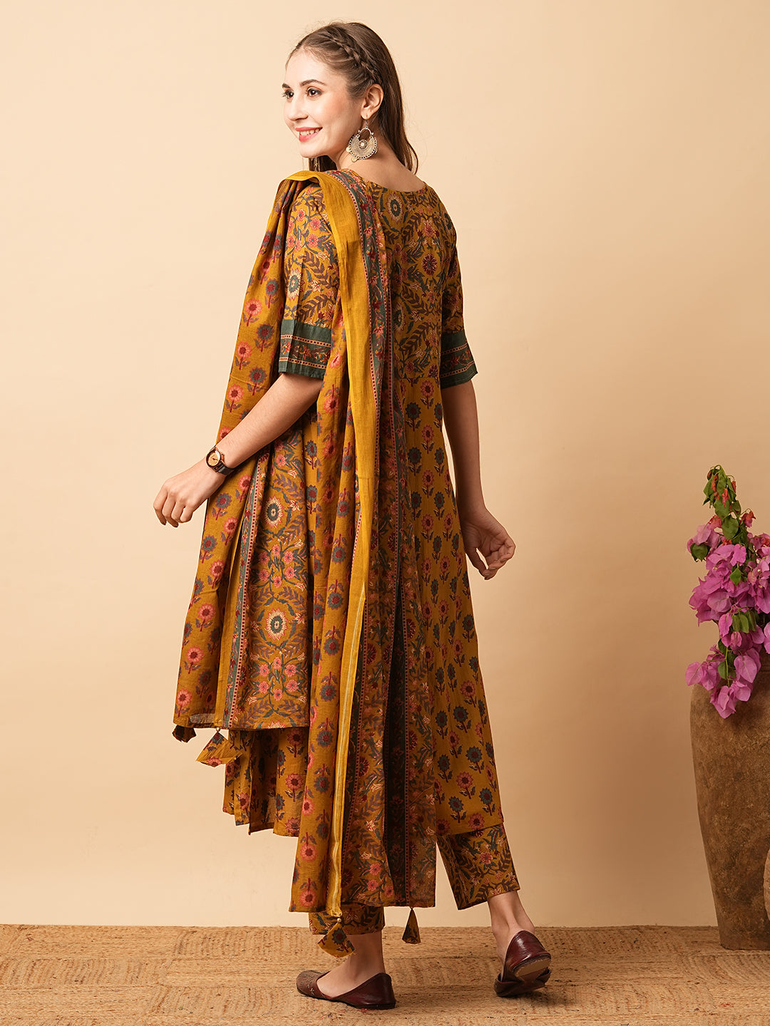 Floral Printed sequins Embellished A-line Kurta with Pants & Dupatta - Mustard