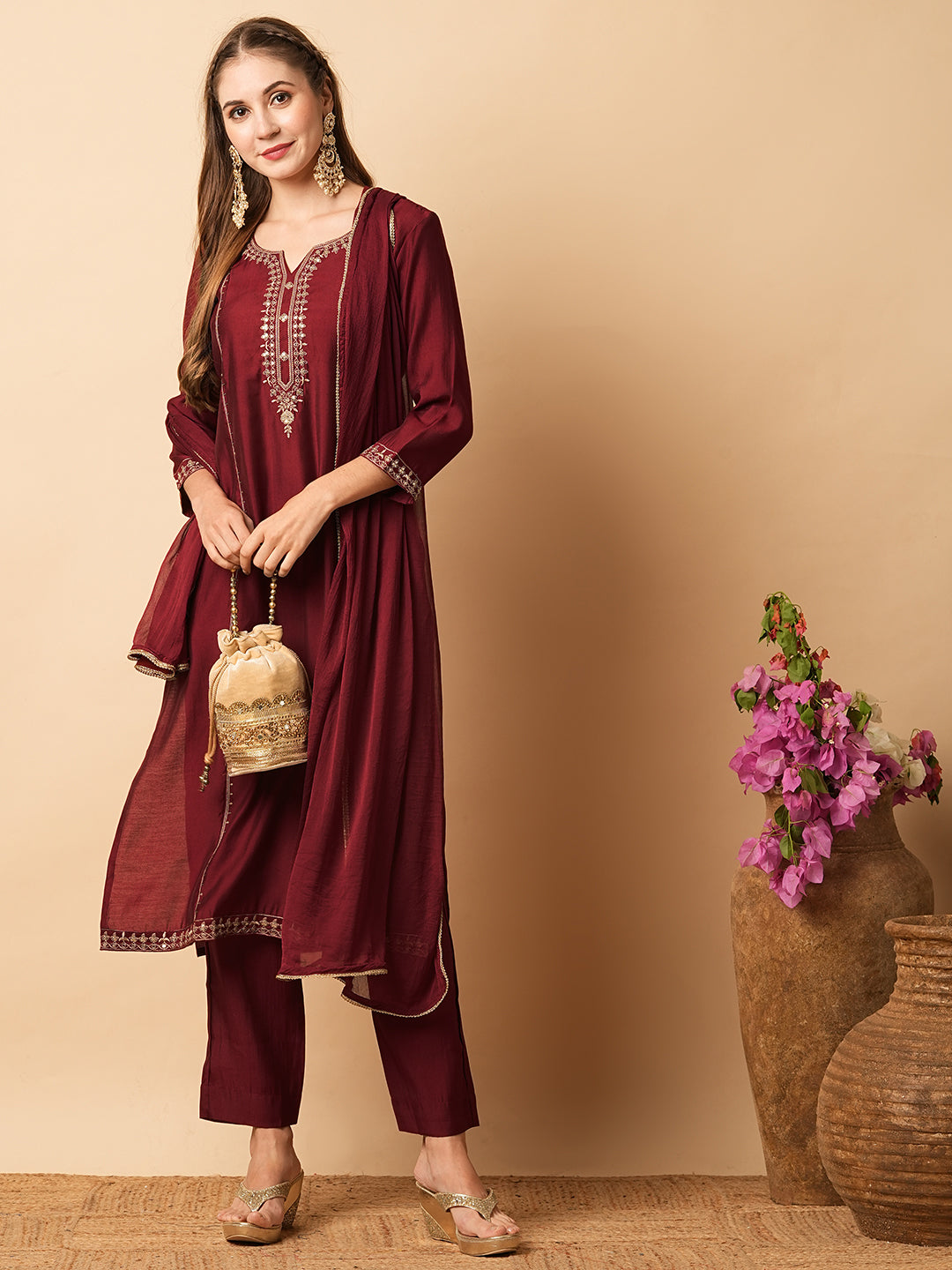 Ethnic Sequin Embroidered Straight Fit Kurta with Pant & Dupatta - Maroon