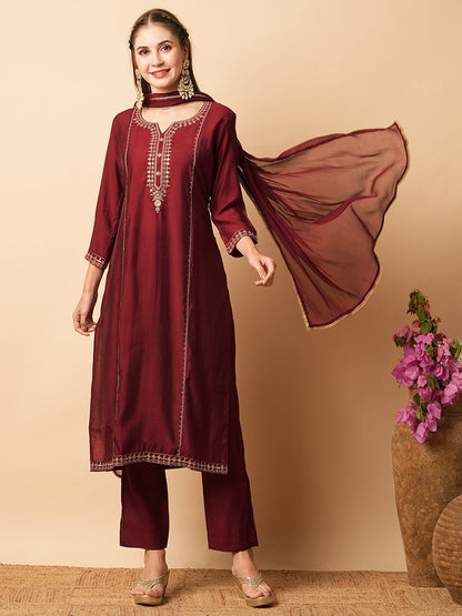 Ethnic Sequin Embroidered Straight Fit Kurta with Pant & Dupatta - Maroon