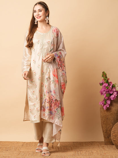 Solid Resham & Sequins Embroidered Kurta with Pants & Floral Dupatta - Beige