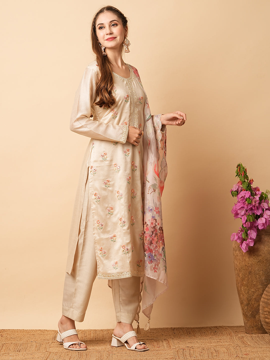 Solid Resham & Sequins Embroidered Kurta with Pants & Floral Dupatta - Beige