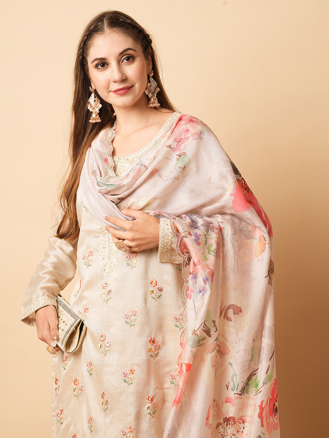 Solid Resham & Sequins Embroidered Kurta with Pants & Floral Dupatta - Beige