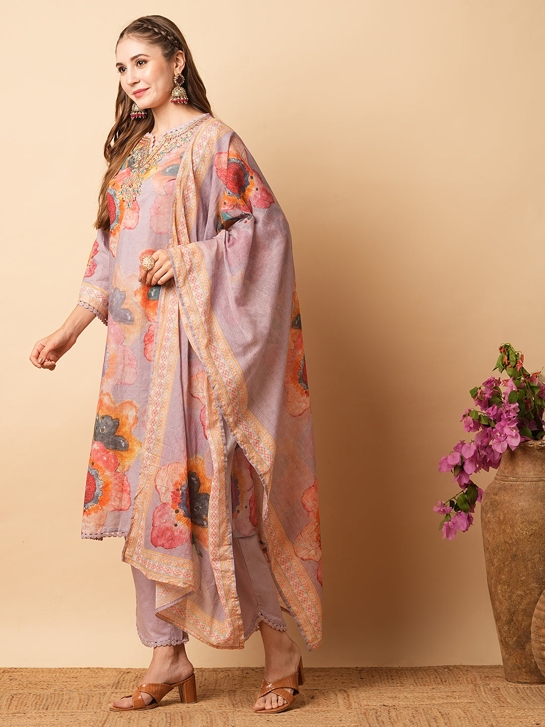 Floral Printed Mirror, Zari & Resham Embroidered Kurta with Pants & Dupatta - Lavender