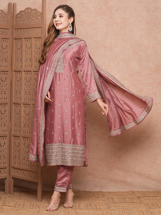 Solid Ethnic Zari Embroidered Straight Kurta with Pant & Dupatta - Pink