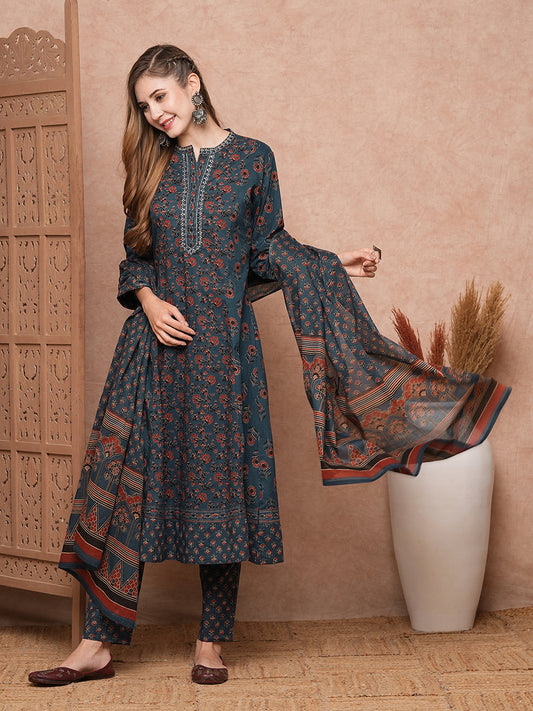 Floral Block Printed Mirror Embroidered A-line Kurta with Pants & Dupatta - Blue