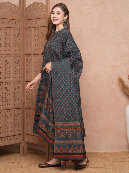 Floral Block Printed Mirror Embroidered A-line Kurta with Pants & Dupatta - Blue