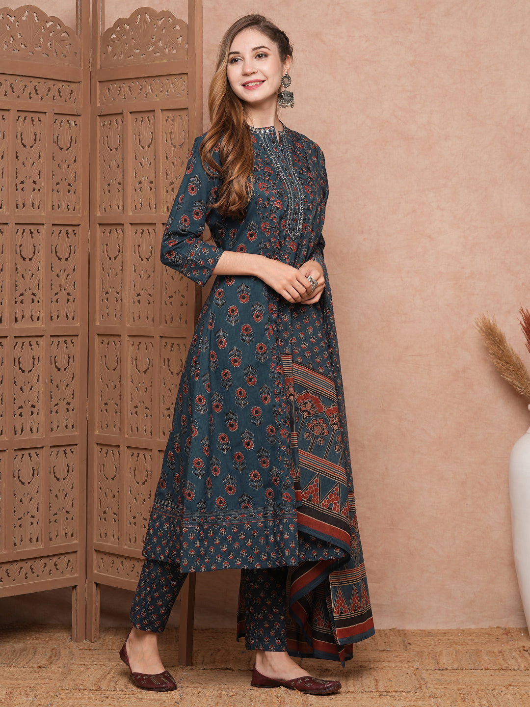 Floral Block Printed Mirror Embroidered A-line Kurta with Pants & Dupatta - Blue