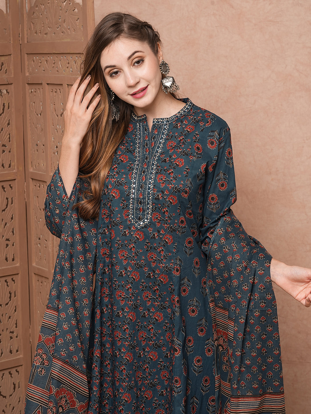 Floral Block Printed Mirror Embroidered A-line Kurta with Pants & Dupatta - Blue