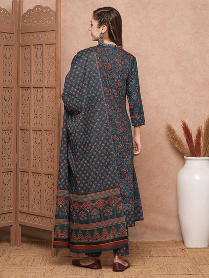 Floral Block Printed Mirror Embroidered A-line Kurta with Pants & Dupatta - Blue