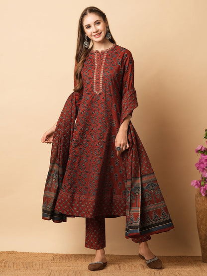 Floral Block Printed Mirror Embroidered A-line Kurta with Pants & Dupatta - Rust Red