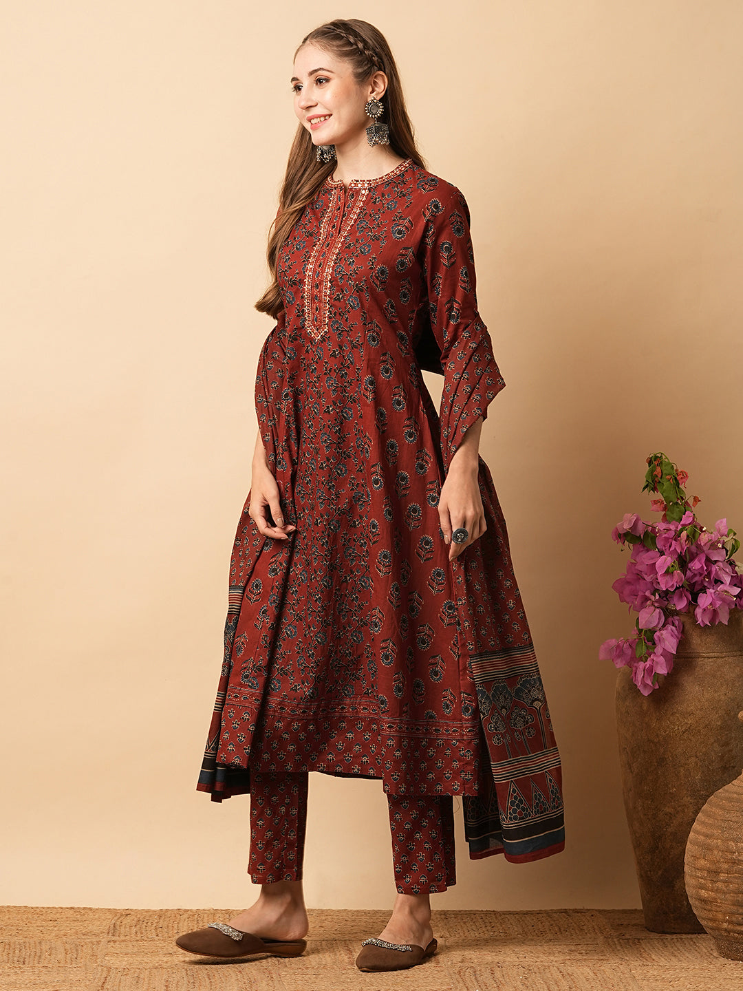 Floral Block Printed Mirror Embroidered A-line Kurta with Pants & Dupatta - Rust Red