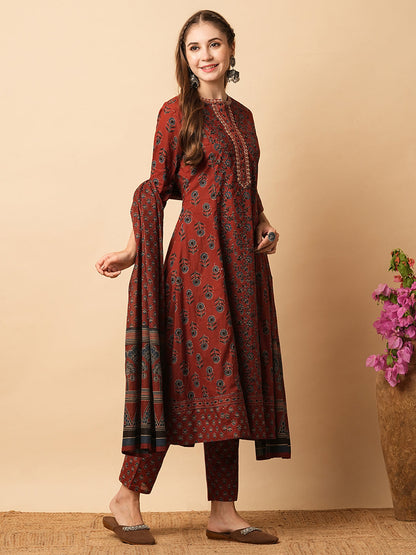 Floral Block Printed Mirror Embroidered A-line Kurta with Pants & Dupatta - Rust Red