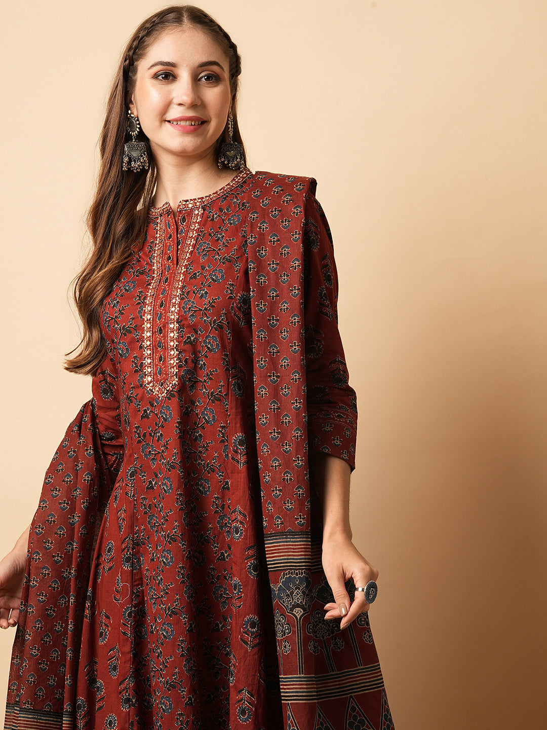 Floral Block Printed Mirror Embroidered A-line Kurta with Pants & Dupatta - Rust Red