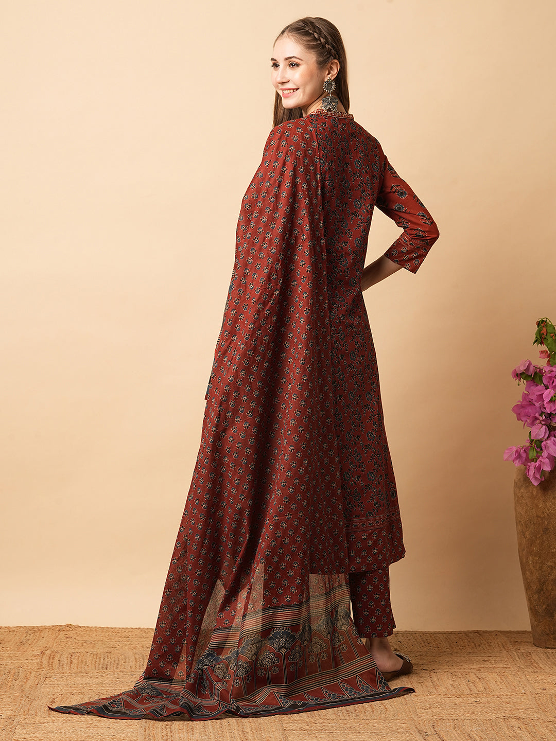 Floral Block Printed Mirror Embroidered A-line Kurta with Pants & Dupatta - Rust Red